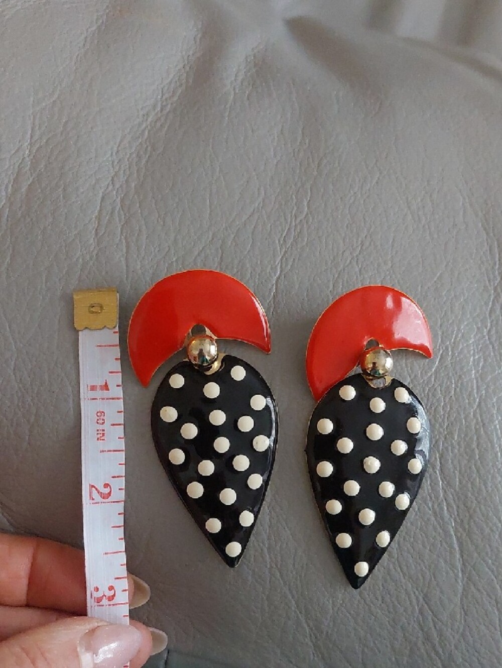 Retro Black Polka Dot Drop Earrings with Red Accent From Art Market - Picture 2 of 5